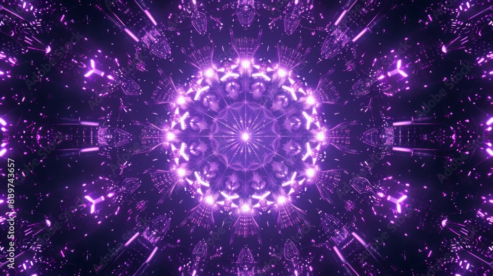 Poster A glowing purple geometric pattern with a central circle surrounded by radiating lines and shapes. The pattern is repeated throughout the image, creating a kaleidoscope effect.