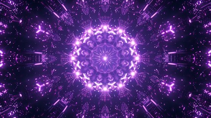 A glowing purple geometric pattern with a central circle surrounded by radiating lines and shapes. The pattern is repeated throughout the image, creating a kaleidoscope effect.