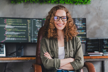Photo of lovely attractive successful woman software developer armchair comfortable workspace...