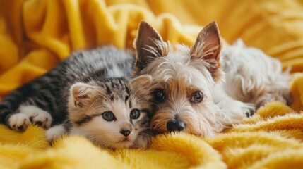 Adorable kitten and puppy cuddling on a yellow blanket