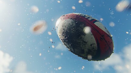 Close-up of a dirty and wet rugby ball floating in the air against a blue sky background.