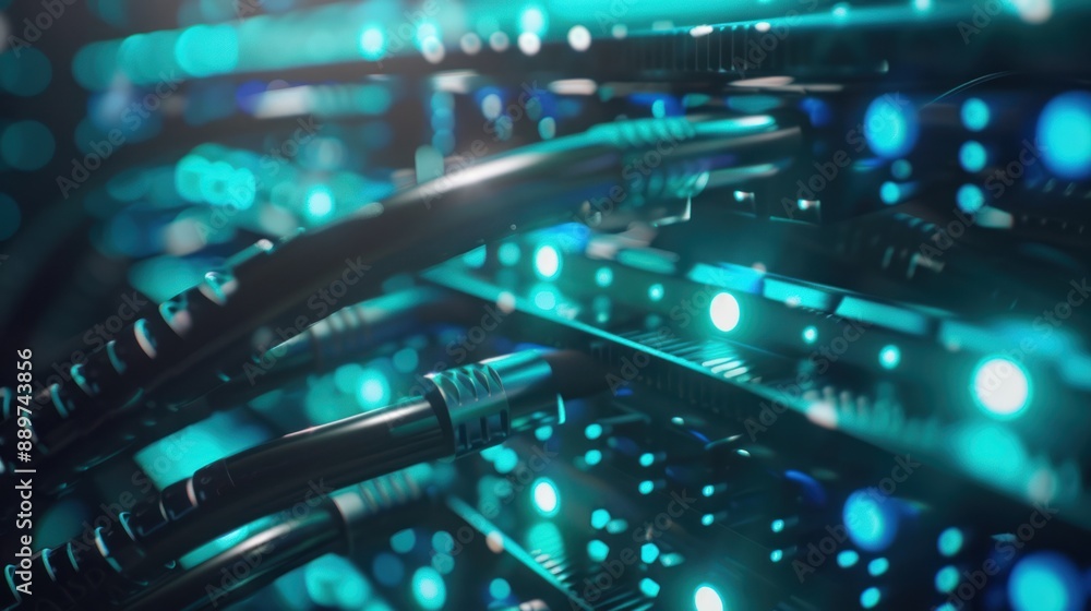 Poster close-up of server racks and cables in a data center