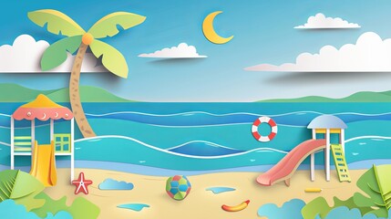 Summer seaside view with water play equipment placed on the beach overlooking the blue sea Illustration in paper cut and craft style