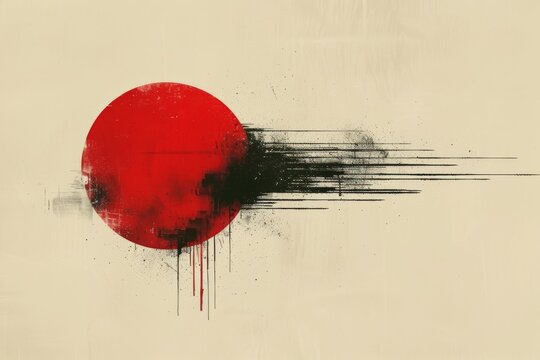 Minimalist design featuring a red sun with black brushstrokes on a textured beige background evoking a sense of simplicity and elegance