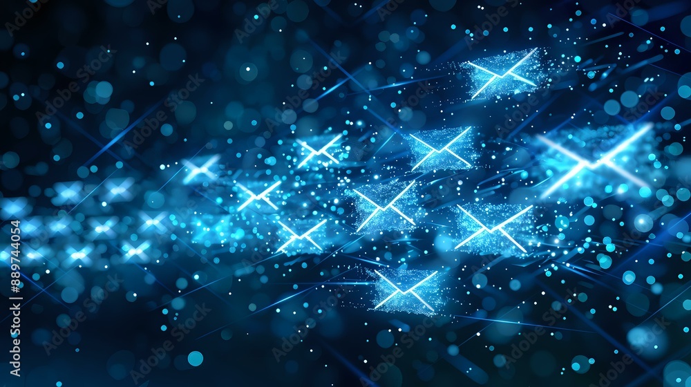 Poster abstract image featuring glowing blue x shapes in motion, creating a sense of dynamic energy and fut