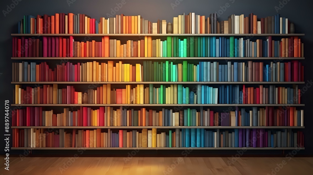 Aufkleber beautifully arranged bookshelf with books organized by color, creating a gradient rainbow effect. id