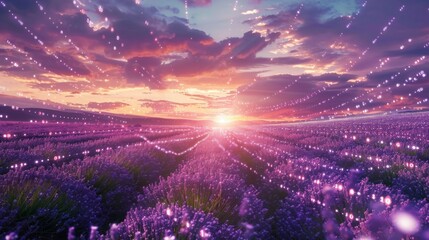 A vast field of lavender blooms at sunset, with glowing lights stretching across the sky.