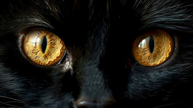A close-up of a black cat's intense golden eyes, capturing the mystery and allure of the feline gaze. Perfect for use in pet photography, Halloween themes, or content focused on the mystique of cats.