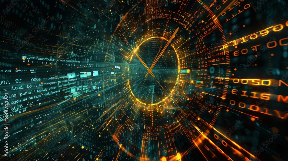 Poster A digital clock with glowing orange numbers and lines of code in green and blue, creating a futuristic and tech-heavy aesthetic.