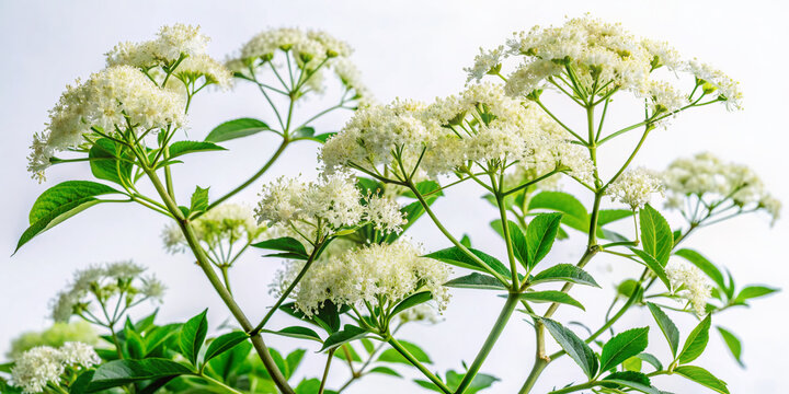 Delicate, thorny stems of a scandent shrub with lush green leaves and small white flowers stretch upwards on a crisp white background, showcasing its natural beauty.