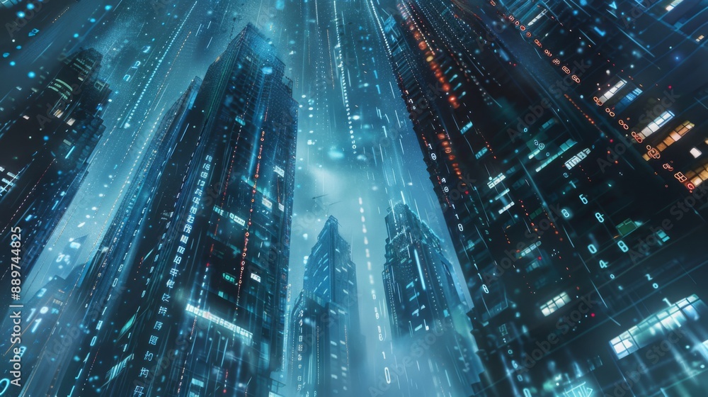 Poster A low-angle view of a futuristic city, illuminated by glowing binary code. Tall buildings stretch upwards, with the sky appearing as a dark background.