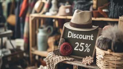 Chalkboard with discount 25 percent announcement surrounded by stylish clothing and accessories.