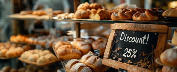 Freshly baked goods on sale at a cozy bakery, discount sign in focus. 25 percent off sale.