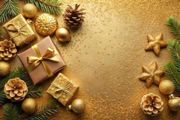Elegant festive Christmas flat lay featuring gold gifts, pine cones, and delicious cookies on a luxurious gold background with ample copy space for messaging.