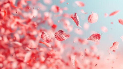 Fototapeta premium Pink autumn leaves flying in the air, abstract fall background.