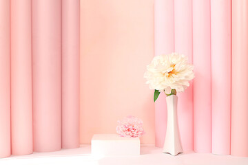 Stage for demonstrating product and business concept. Minimal contemporary aesthetic, Premium empty podium. Beautiful floral arrangement with peony flowers, elegant beauty concept,