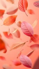 Fototapeta premium Orange autumn leaves falling in the air, light abstract fall background.