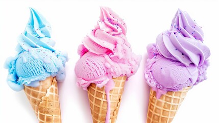Three cotton candyflavored ice cream cones isolated on a white background featuring pink blue and purple colors
