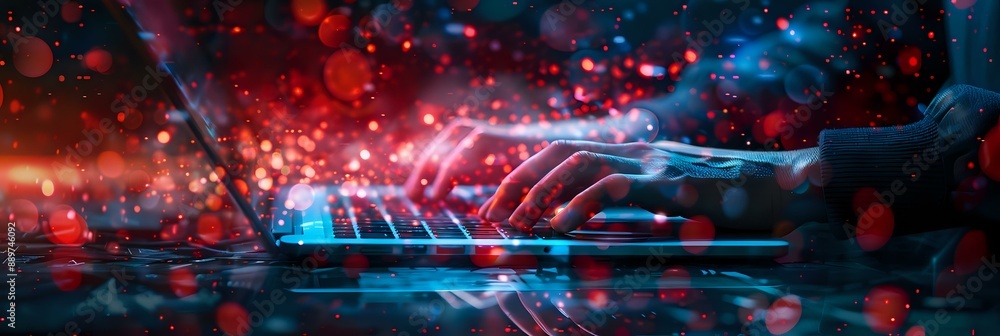 Poster futuristic image of hands typing on a laptop, surrounded by dynamic red and blue digital light effec