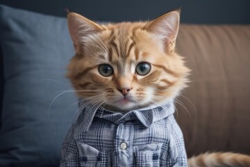 Cat wearing a shirt at home