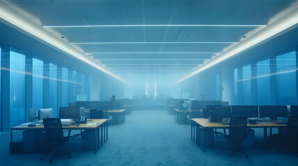 Obraz premium Modern, minimalist office space with an open floor plan, featuring rows of empty desks and a cool blue ambiance, evoking a sense of calm and professionalism. Ideal for themes related to business, 