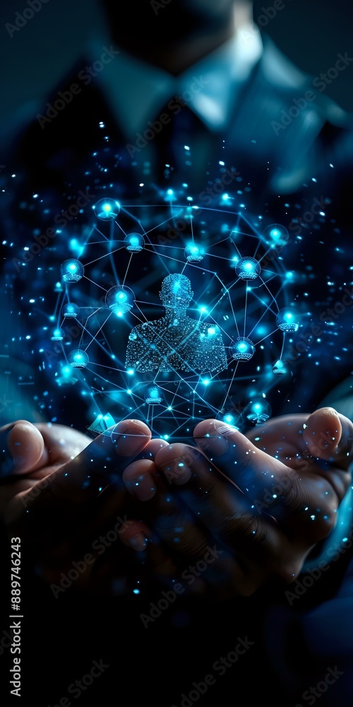 Poster digital illustration of hands holding a glowing network of interconnected nodes and lines, symbolizi