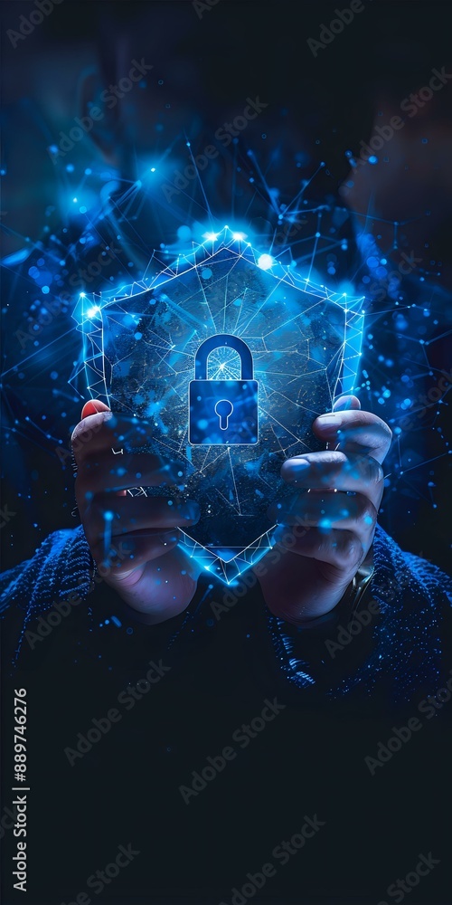 Poster digital illustration of a person holding a glowing shield with a padlock symbol, representing cybers