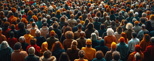 An extensive and diverse gathering of people with various hairstyles and outfits seen from behind, showcasing unity and diversity within a large crowd from an elevated view