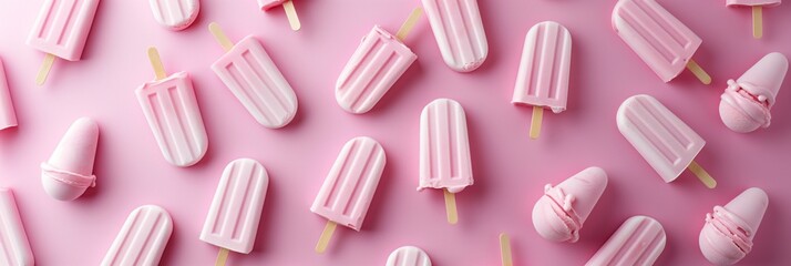 Assorted pink ice creams on a pastel background, summer dessert concept.