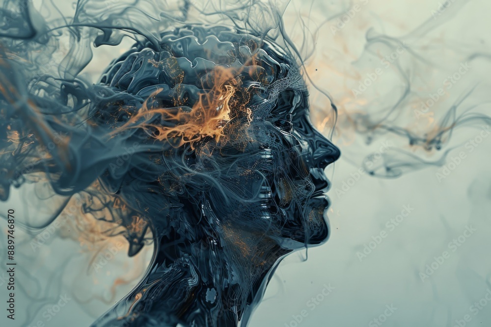 Aufkleber abstract digital art of a human profile merging with swirling smoke representing thoughts and emotio