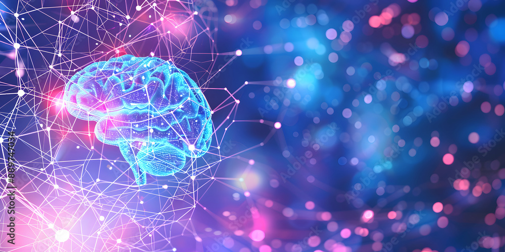 Aufkleber visualization of artificial intelligence in the form of a brain. abstract background in pink and blu