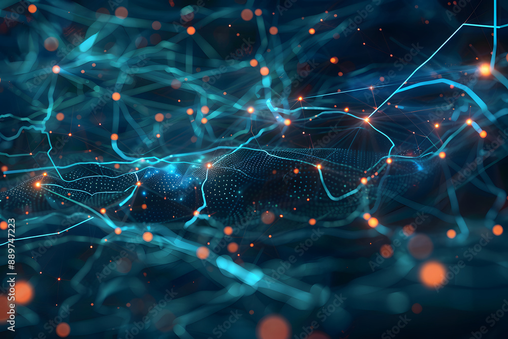 Poster abstract background in the form of a green network with orange dots