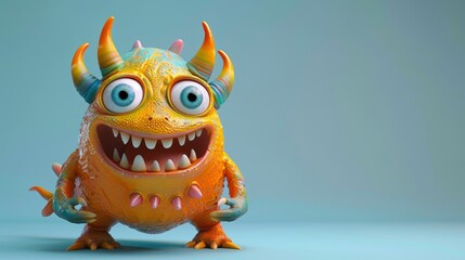 Fototapeta premium Cute 3D cartoon monster with colorful background. This character could be related to animation, children’s media, or character design.
