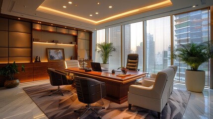 A modern executive office with a large wooden desk, comfortable leather chairs, and vast windows offering a panoramic city view, enhancing the sleek and professional ambiance