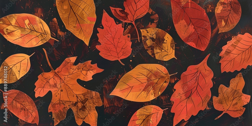 Poster a black and orange background with many leaves scattered across it. the leaves are painted in differ