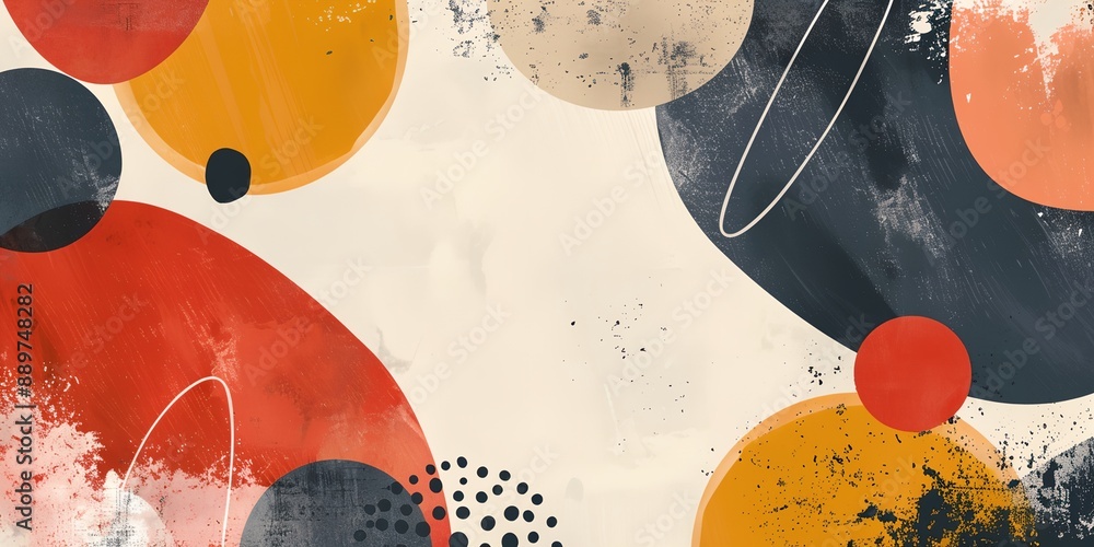 Poster A colorful abstract painting with circles and lines. The painting is full of energy and movement, with the colors blending together to create a dynamic and vibrant scene. The use of different shapes