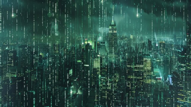 A city skyline at night with green digital rain falling over it.