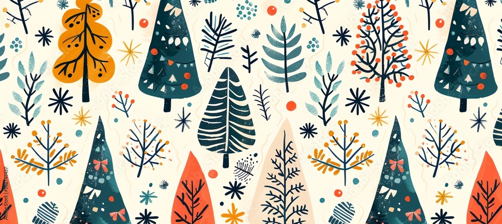Poster a colorful christmas tree pattern with many trees and leaves. the trees are of different sizes and c