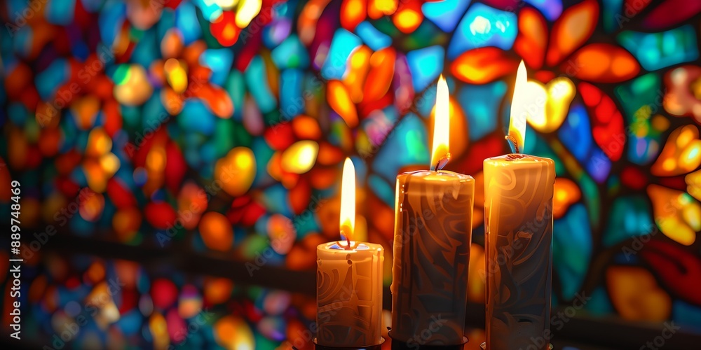 Poster three candles are lit in front of a stained glass window. the candles are lit in a way that they are