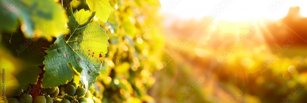 Poster a vineyard with a leafy vine and a bunch of grapes. the sun is shining on the vineyard, creating a w