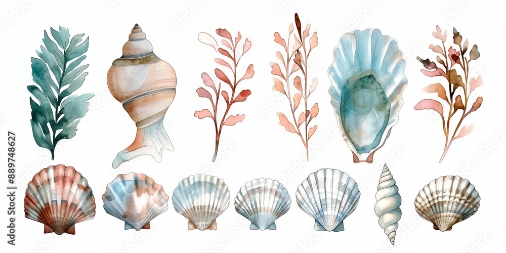 Poster a set of shells and seaweed are shown in a variety of colors. the shells are arranged in a row, with