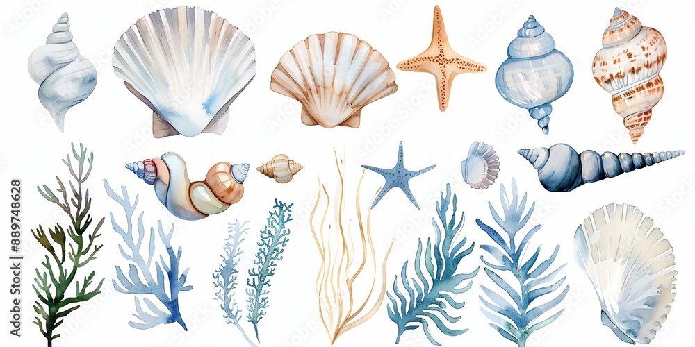 Poster a collection of shells and starfish in various sizes and colors. concept of the ocean and its inhabi