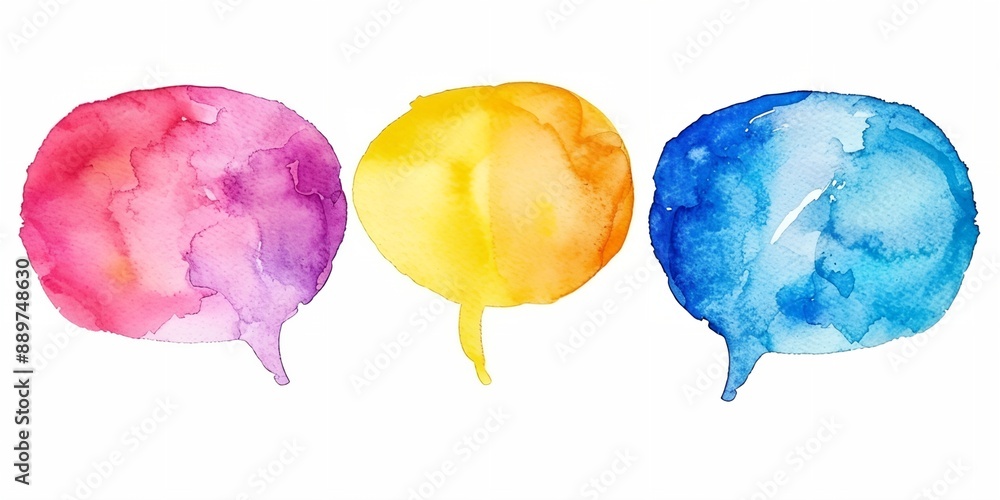 Poster three colorful speech bubbles are painted on a white background. the bubbles are of different colors