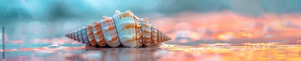 Poster a close up of shell is sitting on a wooden surface. free copy space for banner.