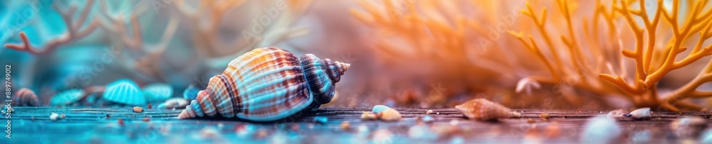 Poster a close up of shell is sitting on a wooden surface. free copy space for banner.