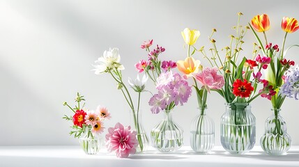 Beautifully arranged fresh flowers in elegant vases on a clean white background. 32k, full ultra HD, high resolution