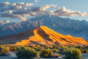 Fototapeta premium Golden sands illuminated by the sunset with a backdrop of majestic mountains and sparse vegetation exemplifying the serene beauty of a vast desert landscape