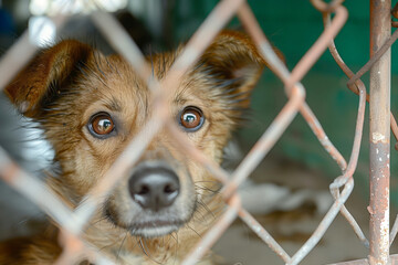 Abandoned pet in a kennel, lonely and waiting for a family to rescue it
