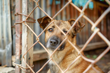 Depressed pet behind bars, abandoned in a shelter, hoping for a home