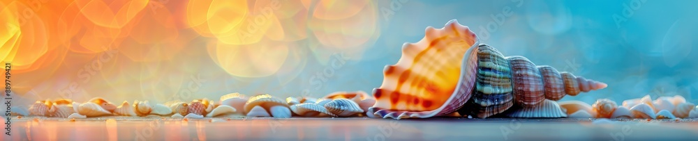 Canvas Prints a close up of shell is sitting on a wooden surface. free copy space for banner.